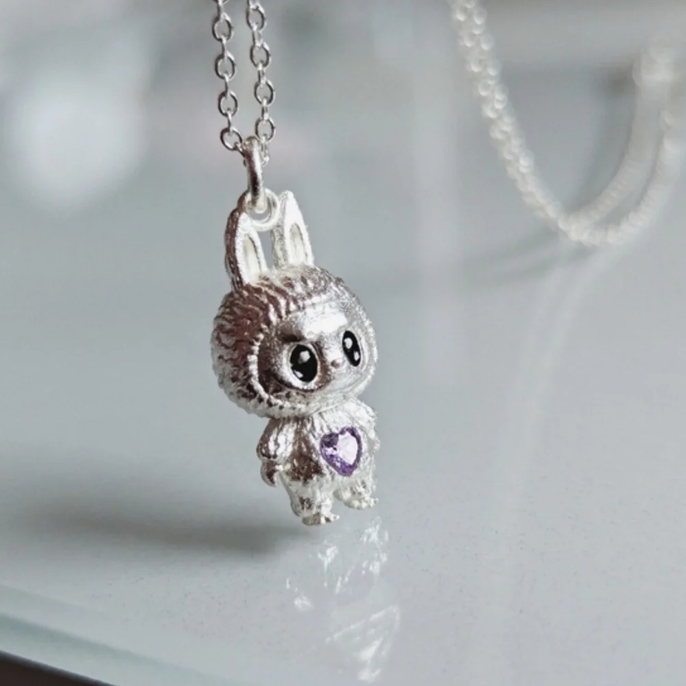 Labubu Inspired 925 Sterling Silver Purple Heart Necklace Artisan Edition